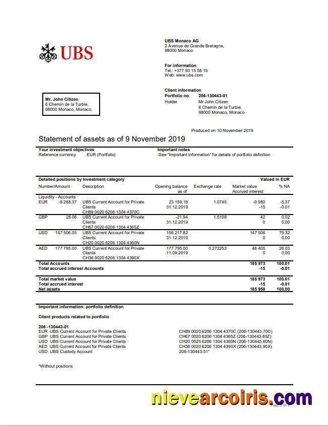 Monaco UBS bank statement
